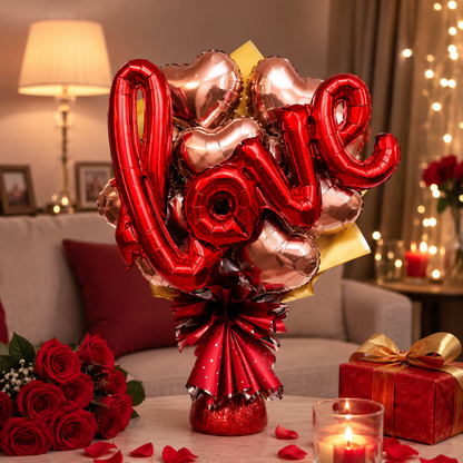 Rose Gold & Red Heart Foil Balloon Bouquet Set | Air Filled & Delivered Inflated | Romantic & Surprise Gift Bouquet