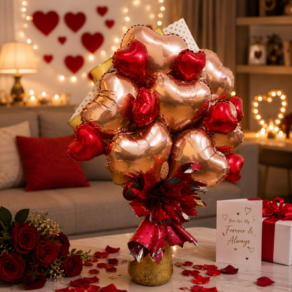 Rose Gold & Red Heart Foil Balloon Bouquet Set | Air Filled & Delivered Inflated | Romantic & Surprise Gift Bouquet