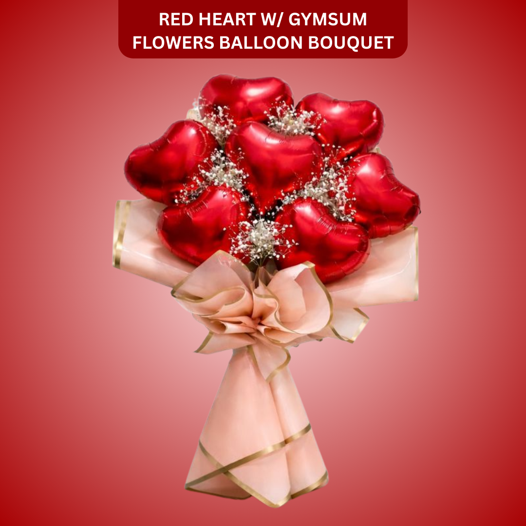 Red Heart Shape Foil Balloon Set w/ Gymsum Flowers - Air Filled - 10 inches - 7PC