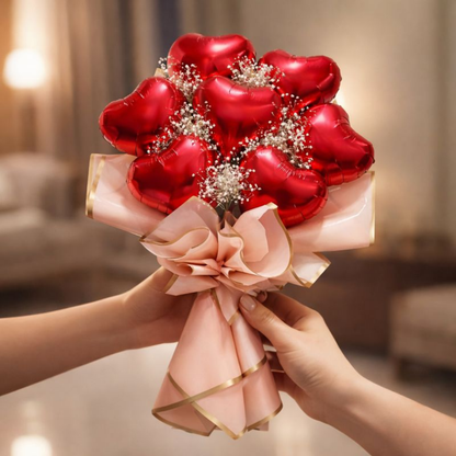 Red Heart Shape Foil Balloon Set w/ Gymsum Flowers - Air Filled - 10 inches - 7PC