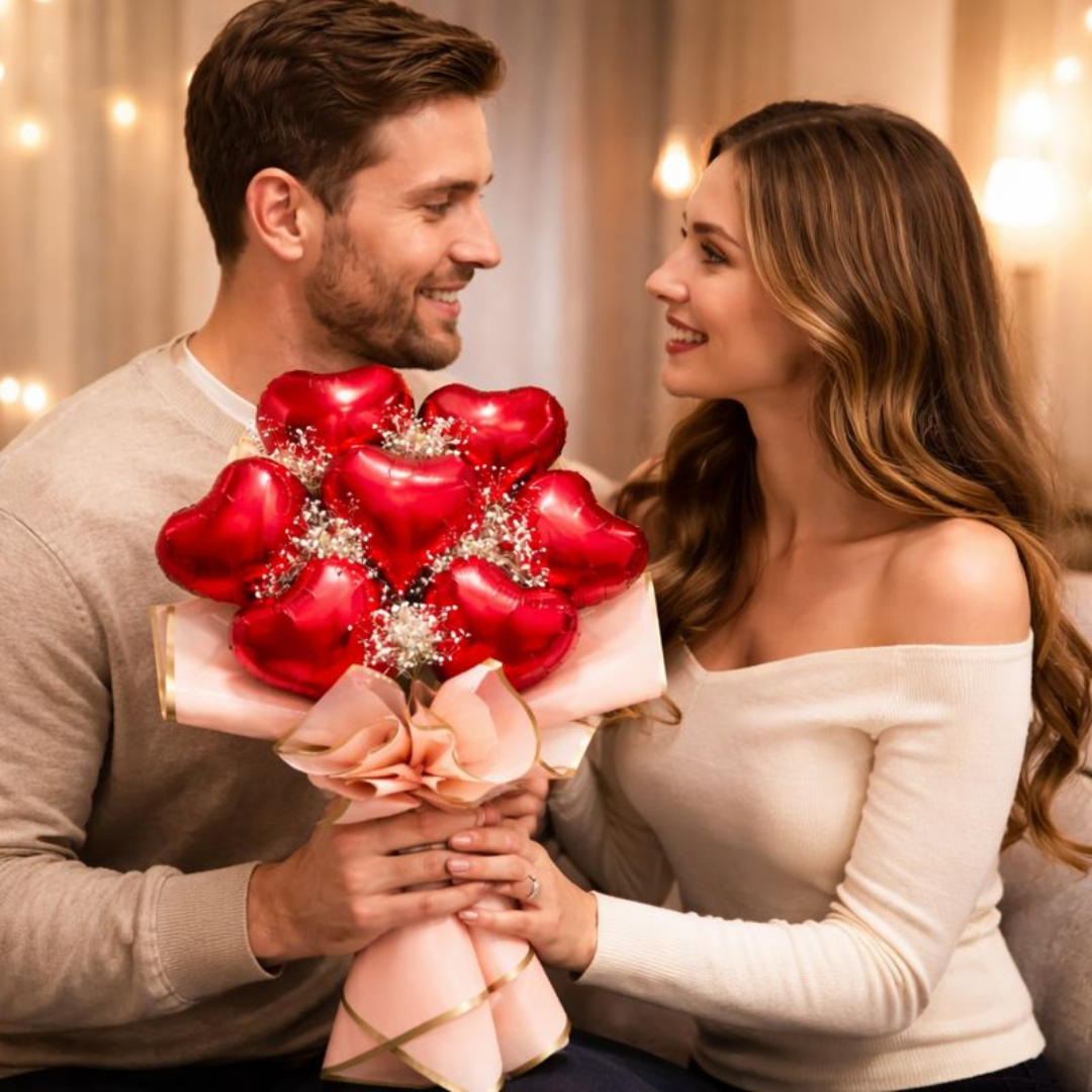 Red Heart Shape Foil Balloon Set w/ Gymsum Flowers - Air Filled - 10 inches - 7PC