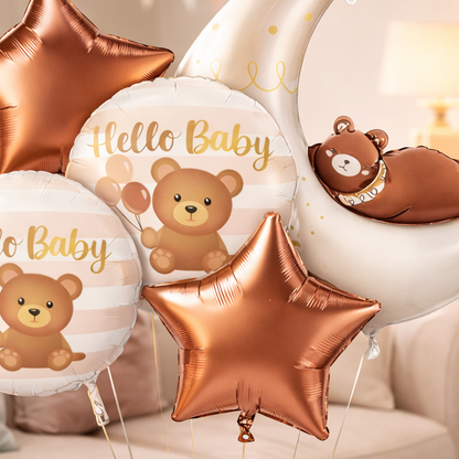 Hello Baby Teddy Bear & Stars Balloon - 5PC