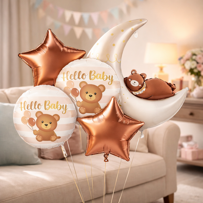Hello Baby Teddy Bear & Stars Balloon - 5PC