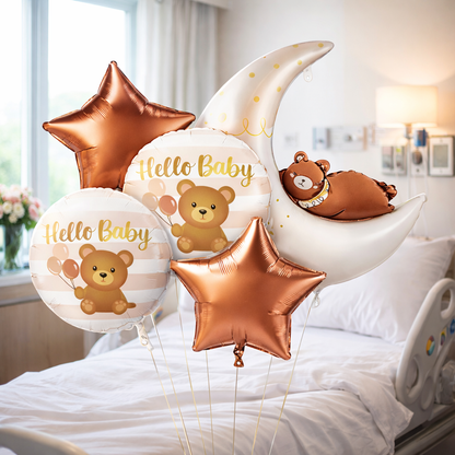 Hello Baby Teddy Bear & Stars Balloon - 5PC