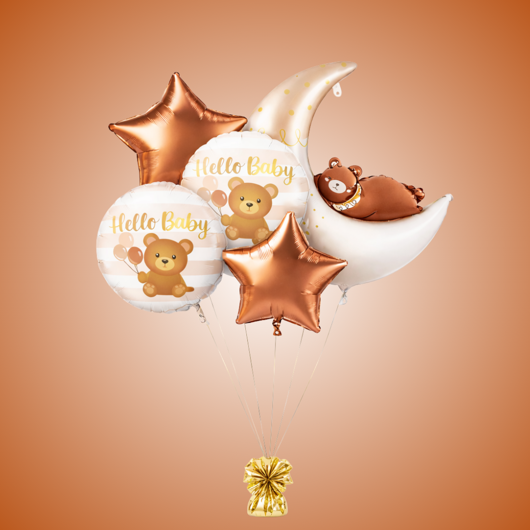Welcome Baby Moon and Bear Shaped Helium Filled Balloon Bouqet Set of 5PC
