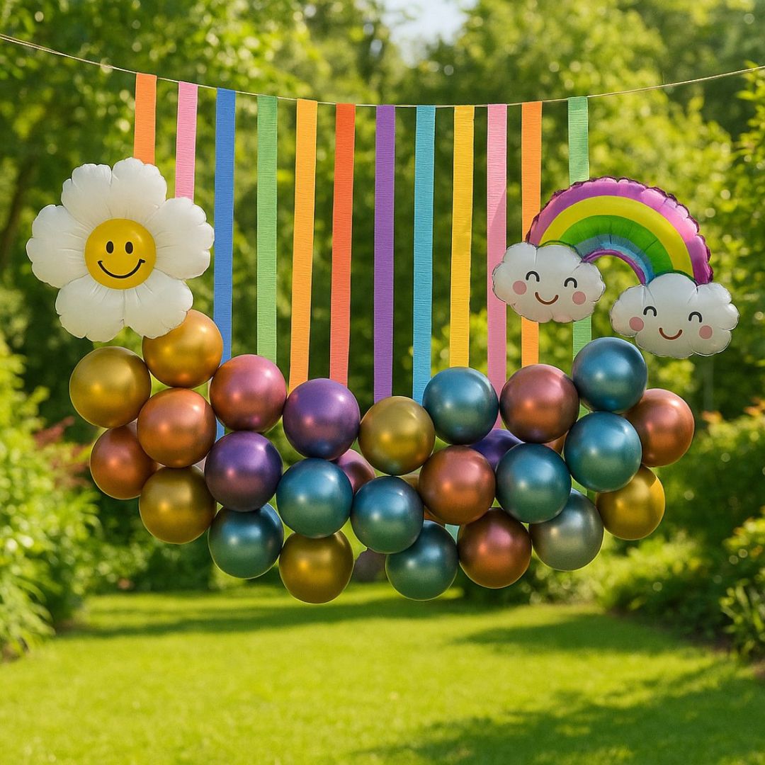 Chrome Balloon with Ribbons & Rainbow Foil Balloon Combo Kit - 41PC