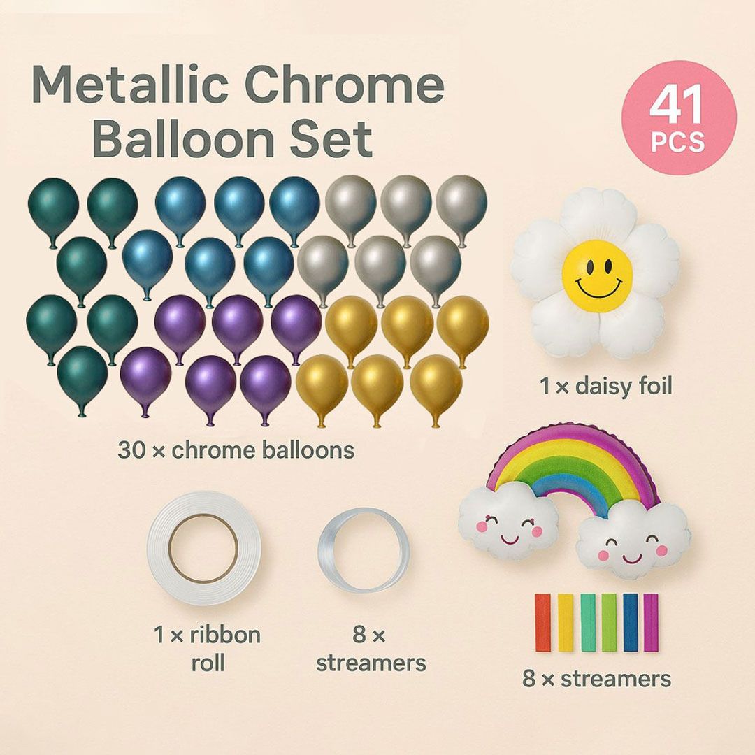 Chrome Balloon with Ribbons & Rainbow Foil Balloon Combo Kit - 41PC