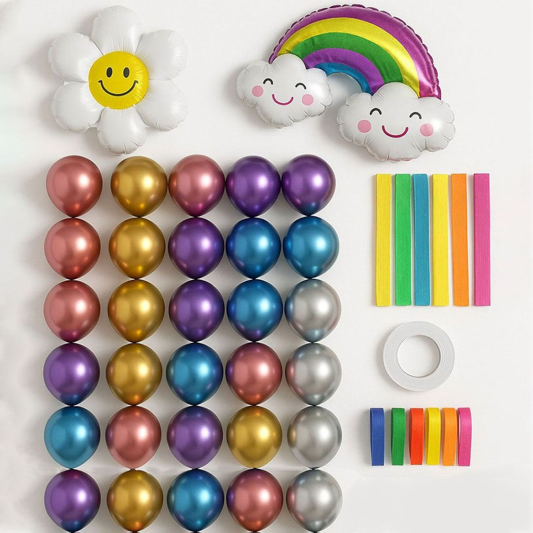 Chrome Balloon with Ribbons & Rainbow Foil Balloon Combo Kit - 41PC