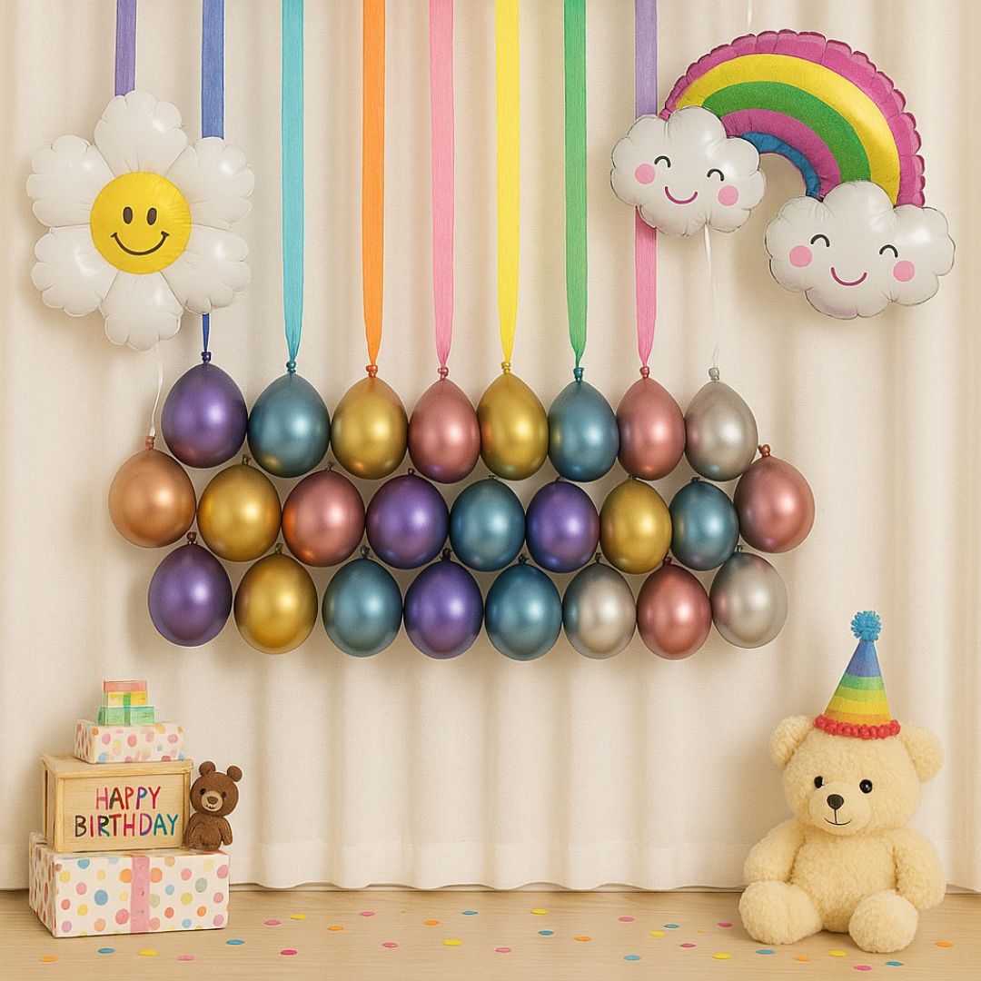 Chrome Balloon with Ribbons & Rainbow Foil Balloon Combo Kit - 41PC