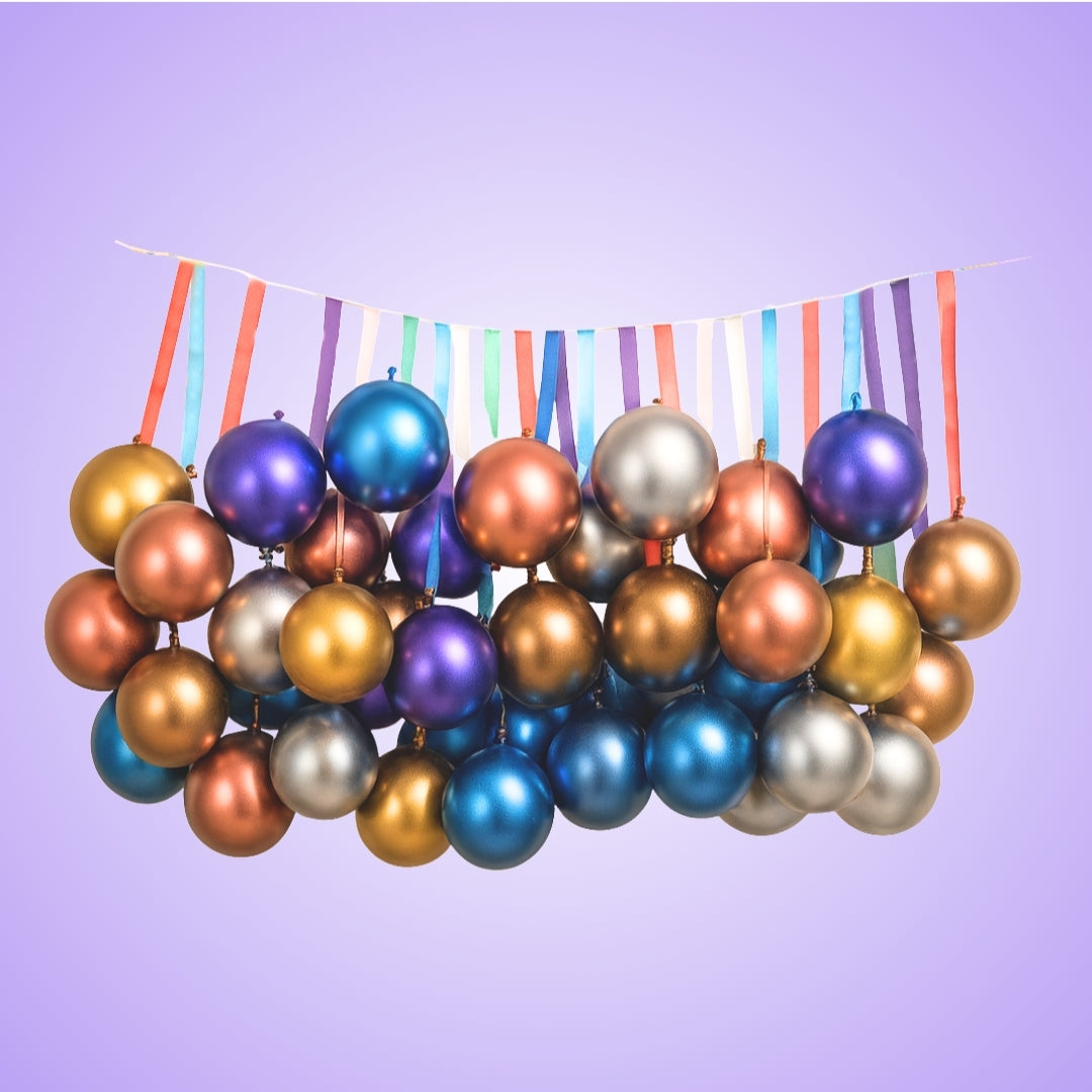 Chrome Balloon with Ribbons & Rainbow Foil Balloon Combo Kit - 41PC