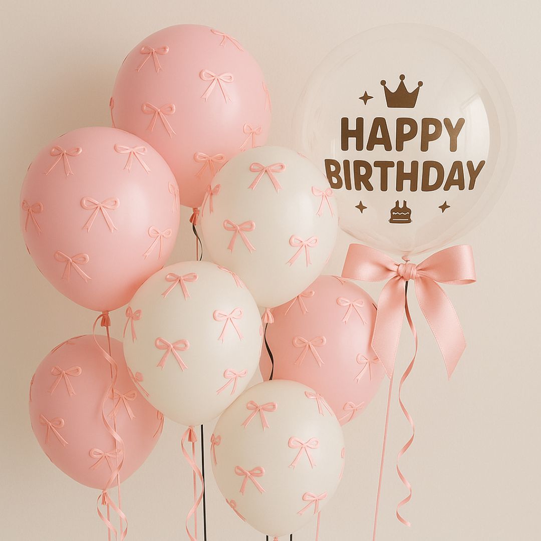 Happy Birthday Pink & White Latex Balloons with Pink Ribbon Combo Set - 38PC