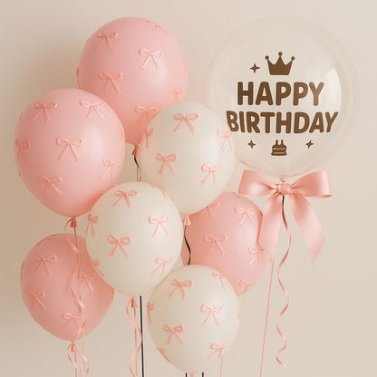 Happy Birthday Pink & White Latex Balloons with Pink Ribbon Combo Set - 38PC