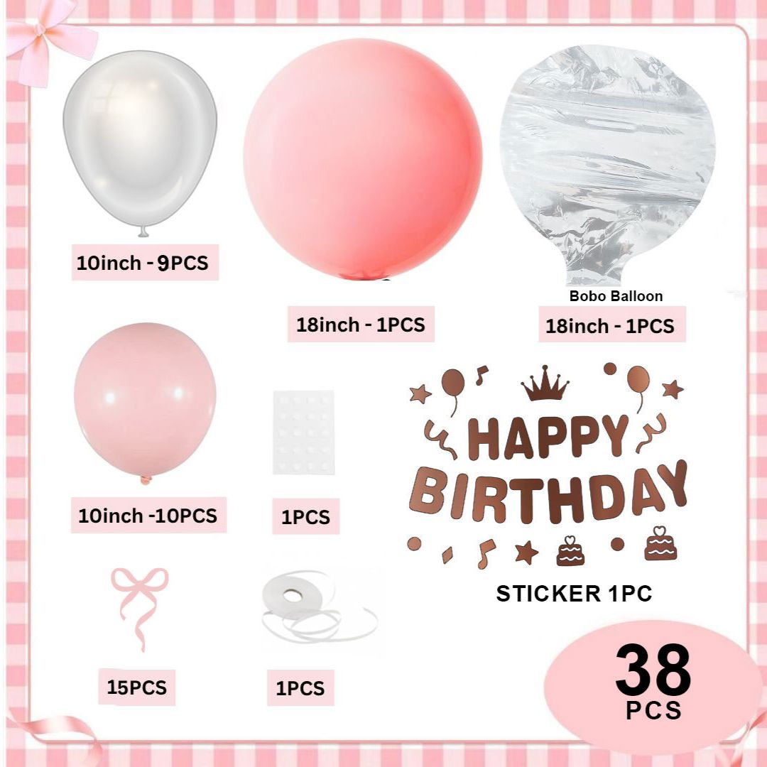 Happy Birthday Pink & White Latex Balloons with Pink Ribbon Combo Set - 38PC