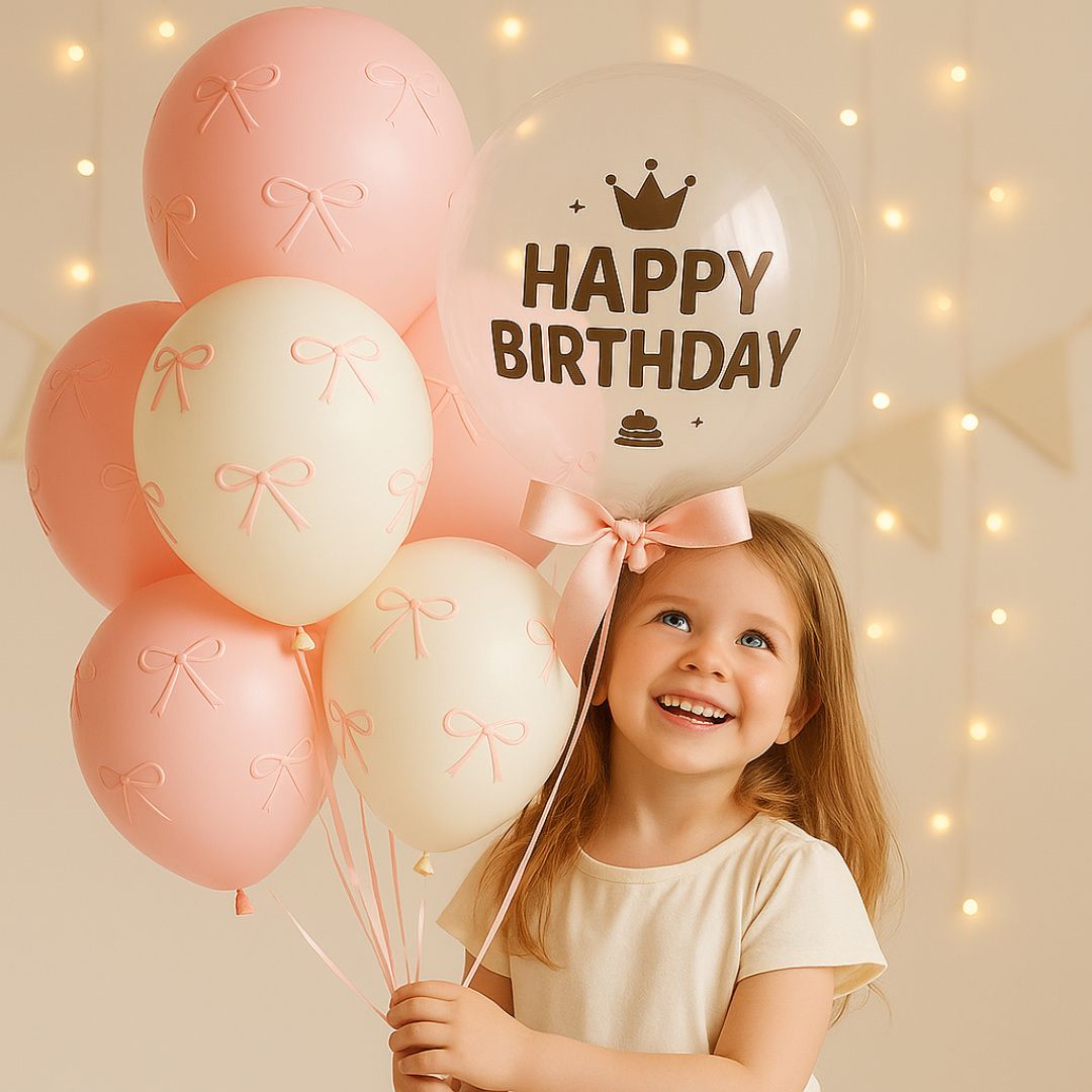 Happy Birthday Pink & White Latex Balloons with Pink Ribbon Combo Set - 38PC