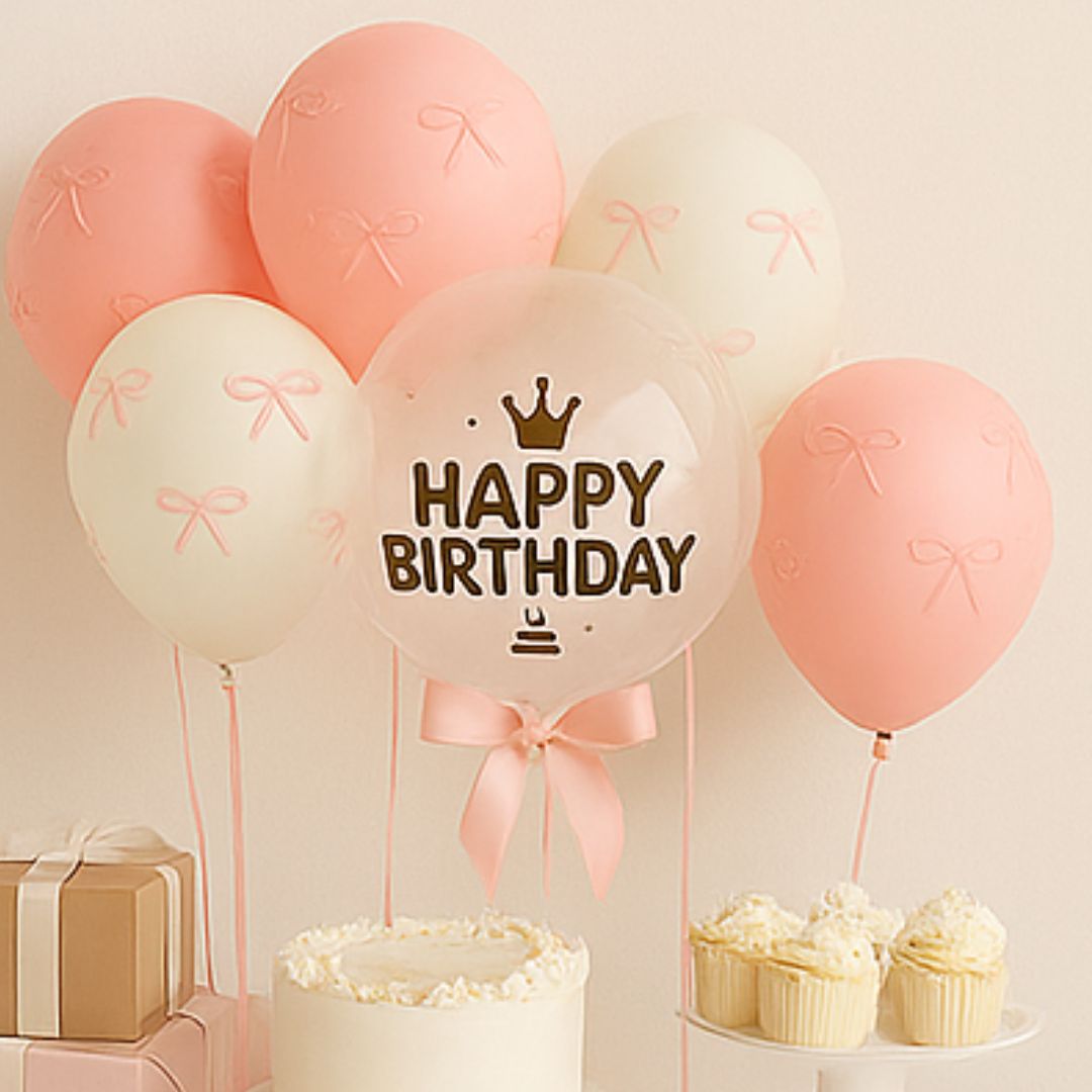 Happy Birthday Pink & White Latex Balloons with Pink Ribbon Combo Set - 38PC