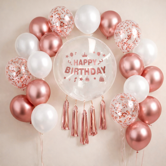 Happy Birthday Rose Gold Balloons and Rose Gold Confetti Balloons Combo Set - 22PC