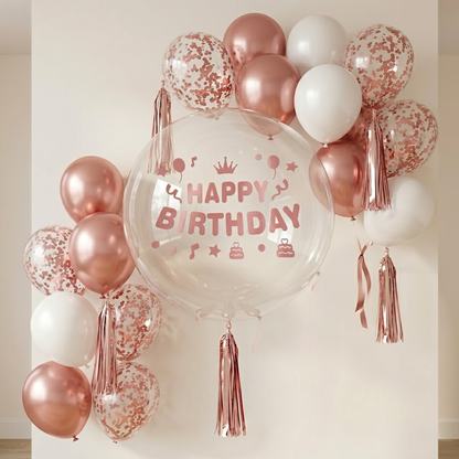 Happy Birthday Rose Gold Balloons and Rose Gold Confetti Balloons Combo Set - 22PC