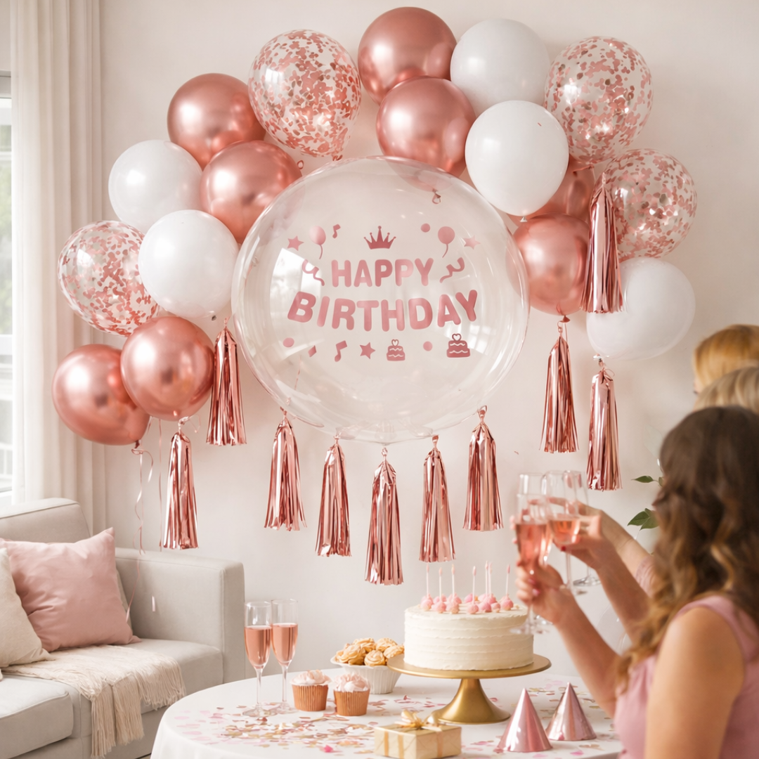Happy Birthday Rose Gold Balloons and Rose Gold Confetti Balloons Combo Set - 22PC