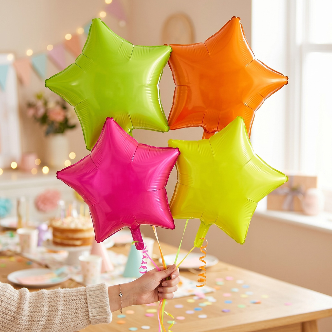 Neon/UV Florescent Star Shaped Foil Balloons - Air Filled - 18 inches - Set of 4