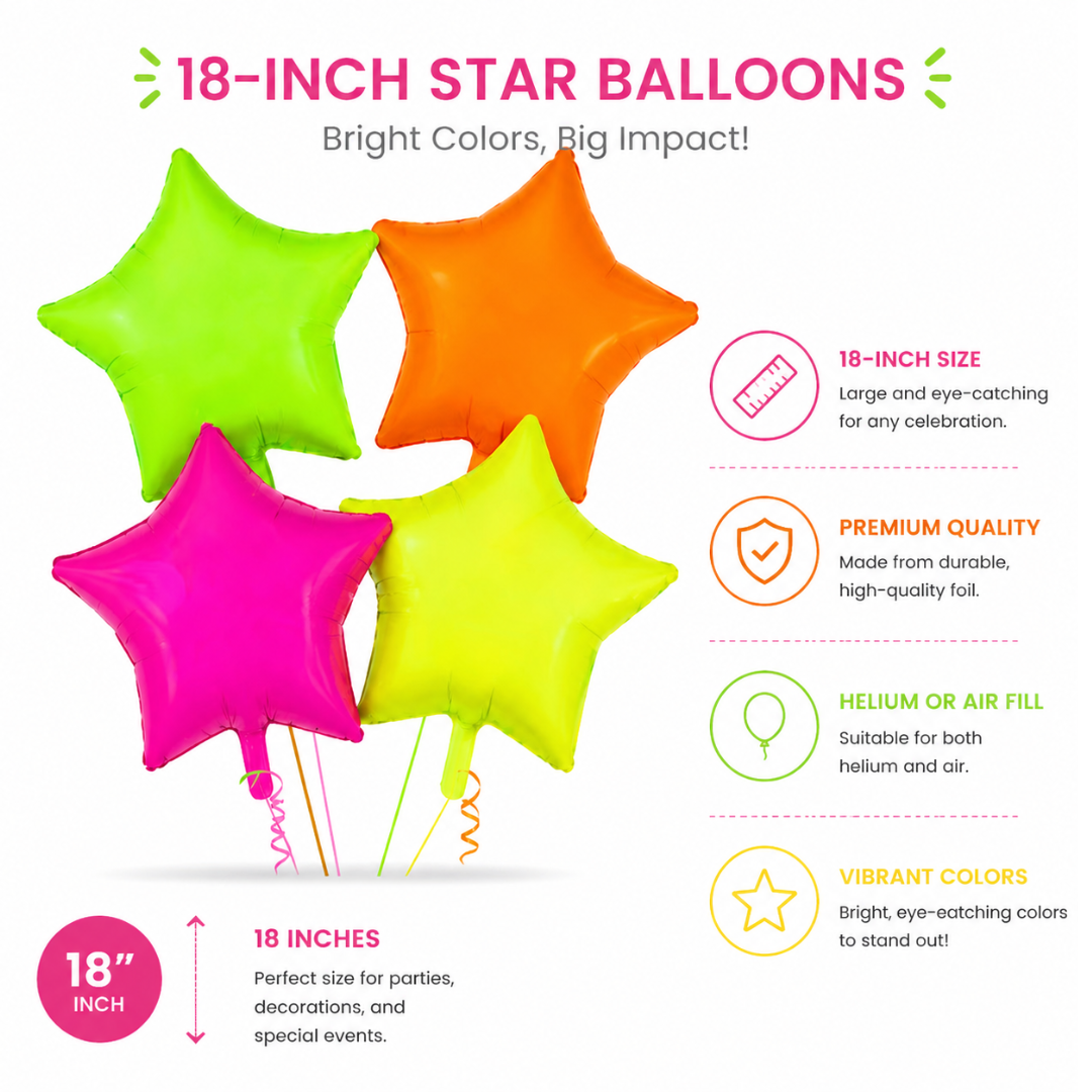 Neon/UV Florescent Star Shaped Foil Balloons - Air Filled - 18 inches - Set of 4