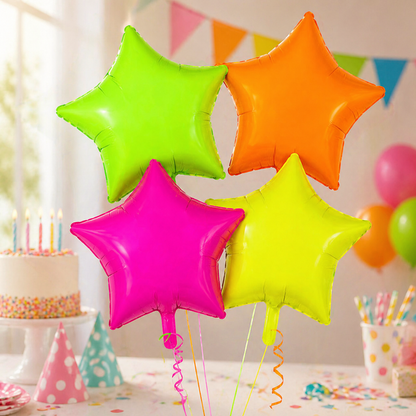 Neon/UV Florescent Star Shaped Foil Balloons - Air Filled - 18 inches - Set of 4