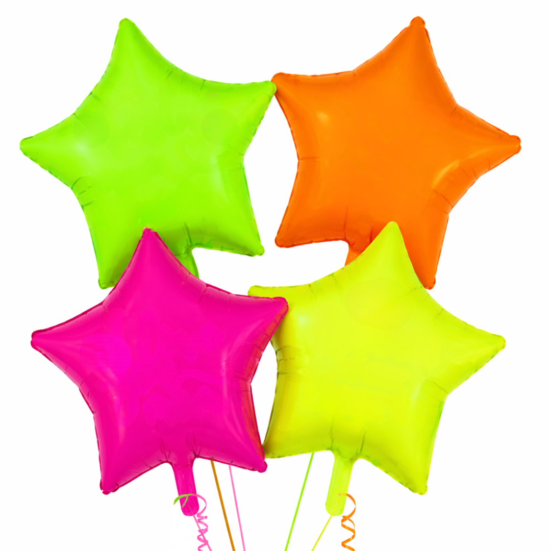 Neon/UV Florescent Star Shaped Foil Balloons - Air Filled - 18 inches - Set of 4