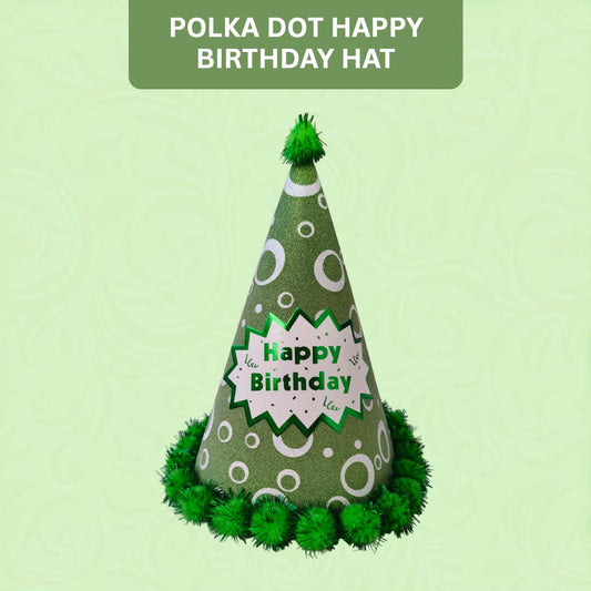 Assorted Colour Polka Dot Hat with Fringe w/Happy Birthday