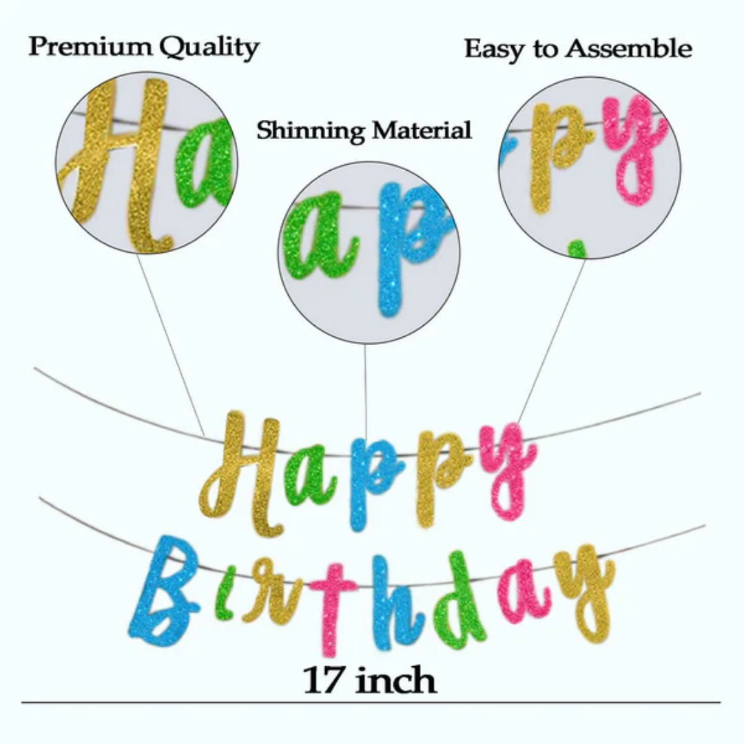 Happy Birthday Mulitcolor Glitter Cursive Banner - 1PC