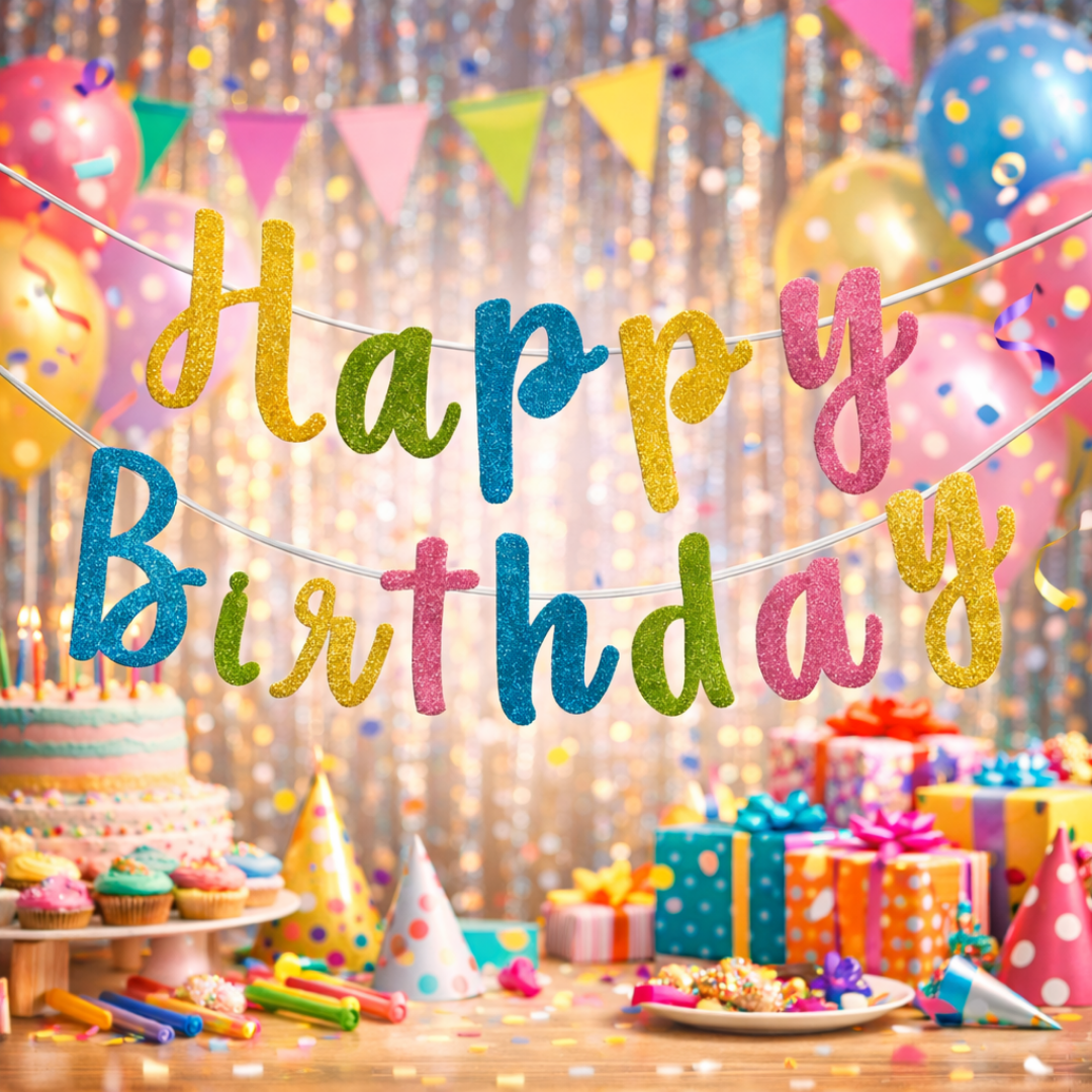 Happy Birthday Mulitcolor Glitter Cursive Banner - 1PC
