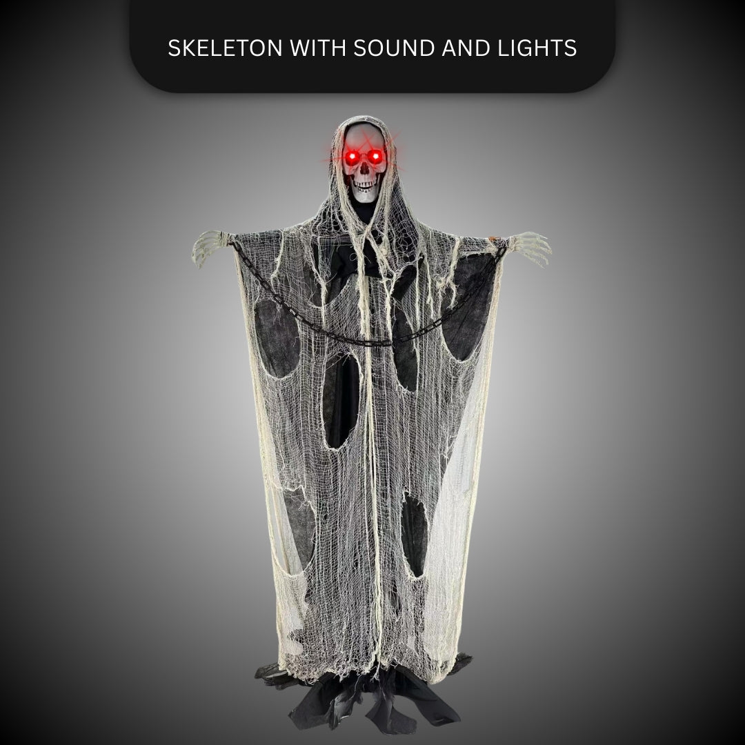 Large Standing Skeleton with Black and White Net with LED Red Eyes and Sound - 5.5 FT - 1PC