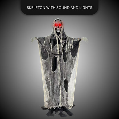 Large Standing Skeleton with Black and White Net with LED Red Eyes and Sound - 5.5 FT - 1PC
