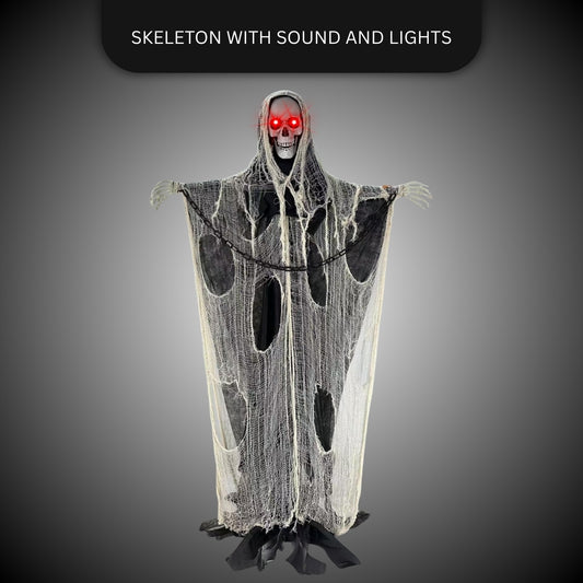 Large Standing Skeleton with Black and White Net with LED Red Eyes and Sound - 5.5 FT - 1PC