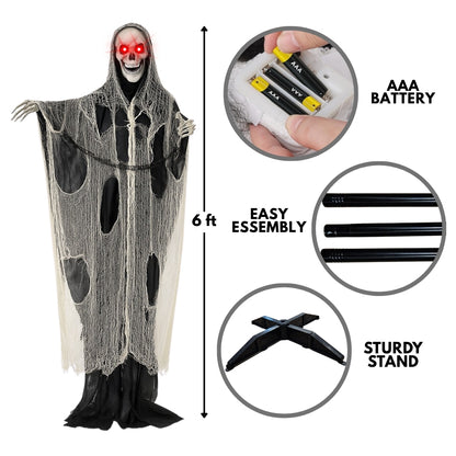 Large Standing Skeleton with Black and White Net with LED Red Eyes and Sound - 5.5 FT - 1PC