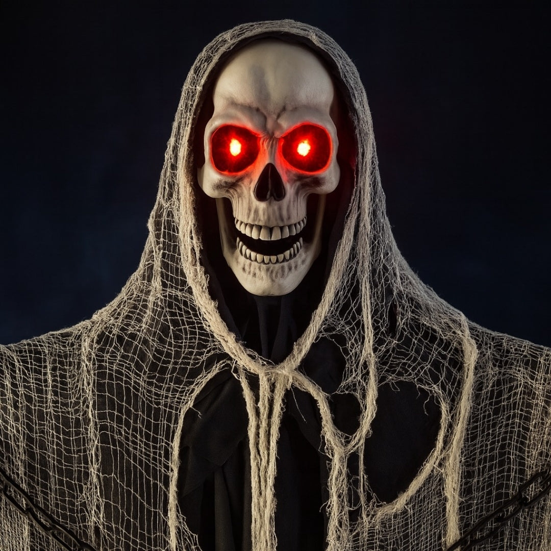 Large Standing Skeleton with Black and White Net with LED Red Eyes and Sound - 5.5 FT - 1PC
