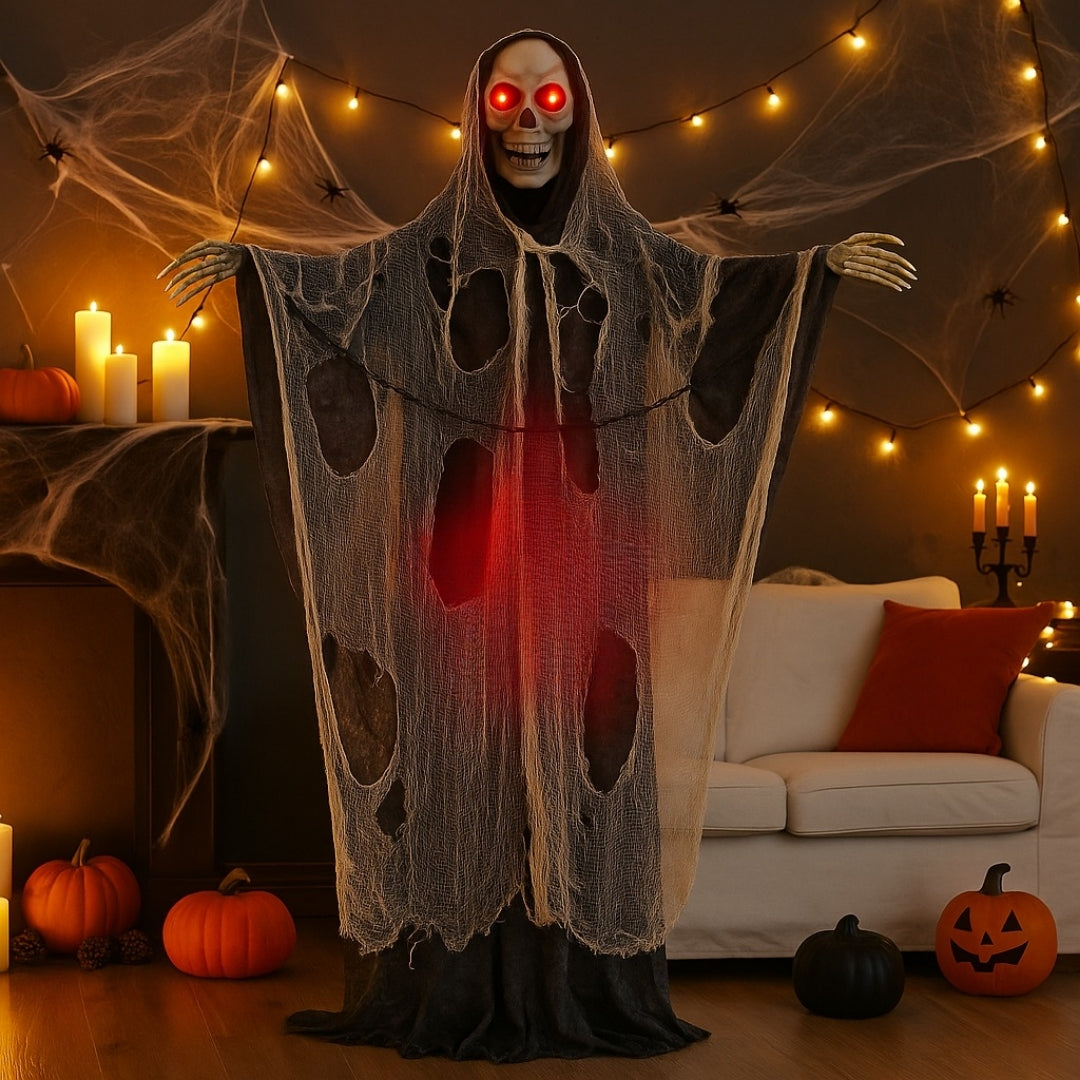 Large Standing Skeleton with Black and White Net with LED Red Eyes and Sound - 5.5 FT - 1PC