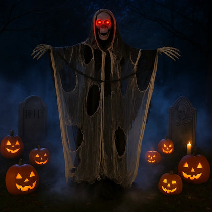 Large Standing Skeleton with Black and White Net with LED Red Eyes and Sound - 5.5 FT - 1PC