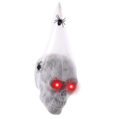 Light Up Bandaged Skull Hanging Decoration with Spiders - 1PC
