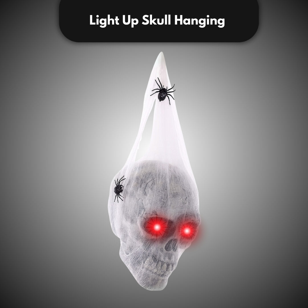 Light Up Bandaged Skull Hanging Decoration with Spiders - 1PC