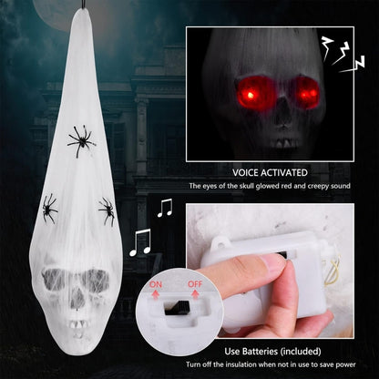 Light Up Bandaged Skull Hanging Decoration with Spiders - 1PC