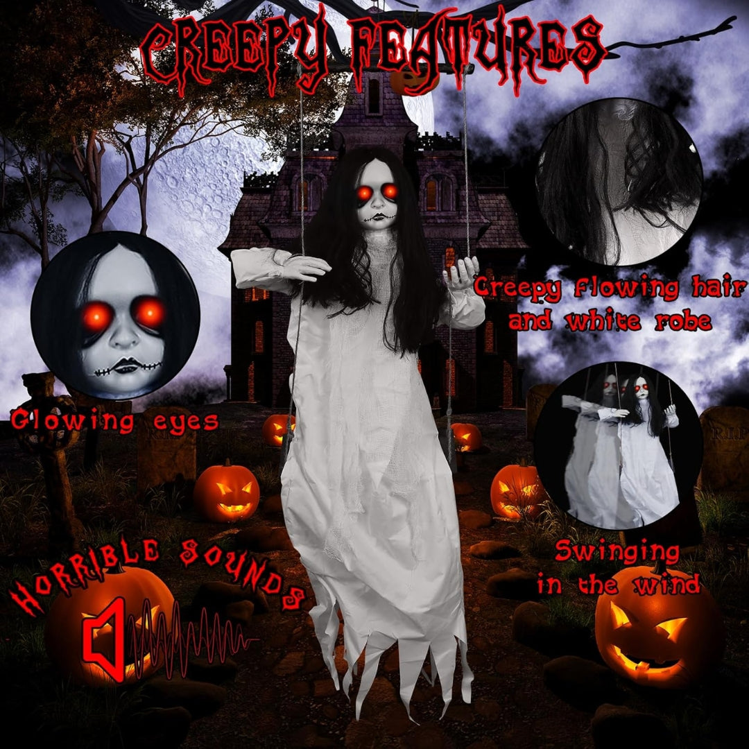 Spooky Light Up Sitting Doll On a Swing for Halloween Decoration 4FT 1PC