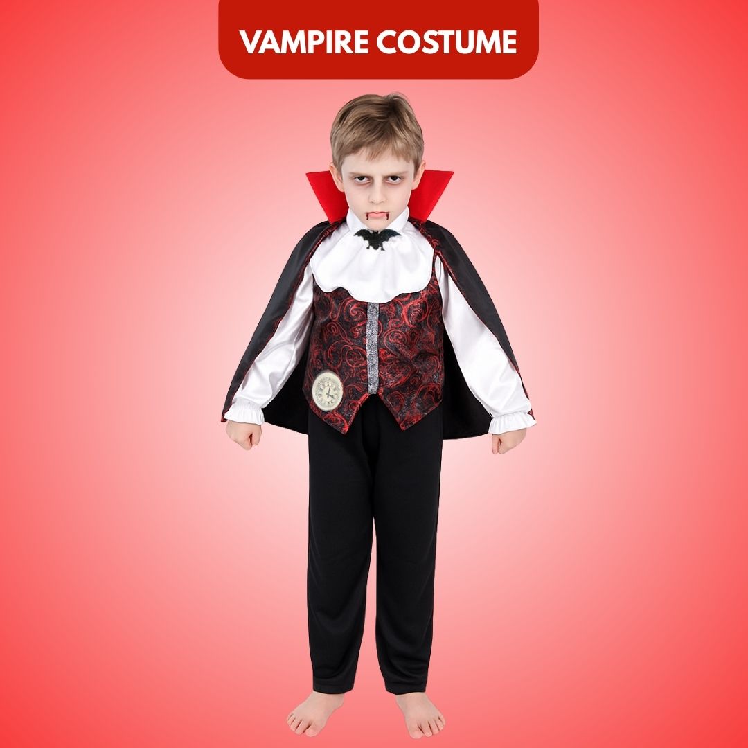 Vampire Costume with Neck Choker, Vest, Pants and Cape - Size S - Age 3 to 5 Years