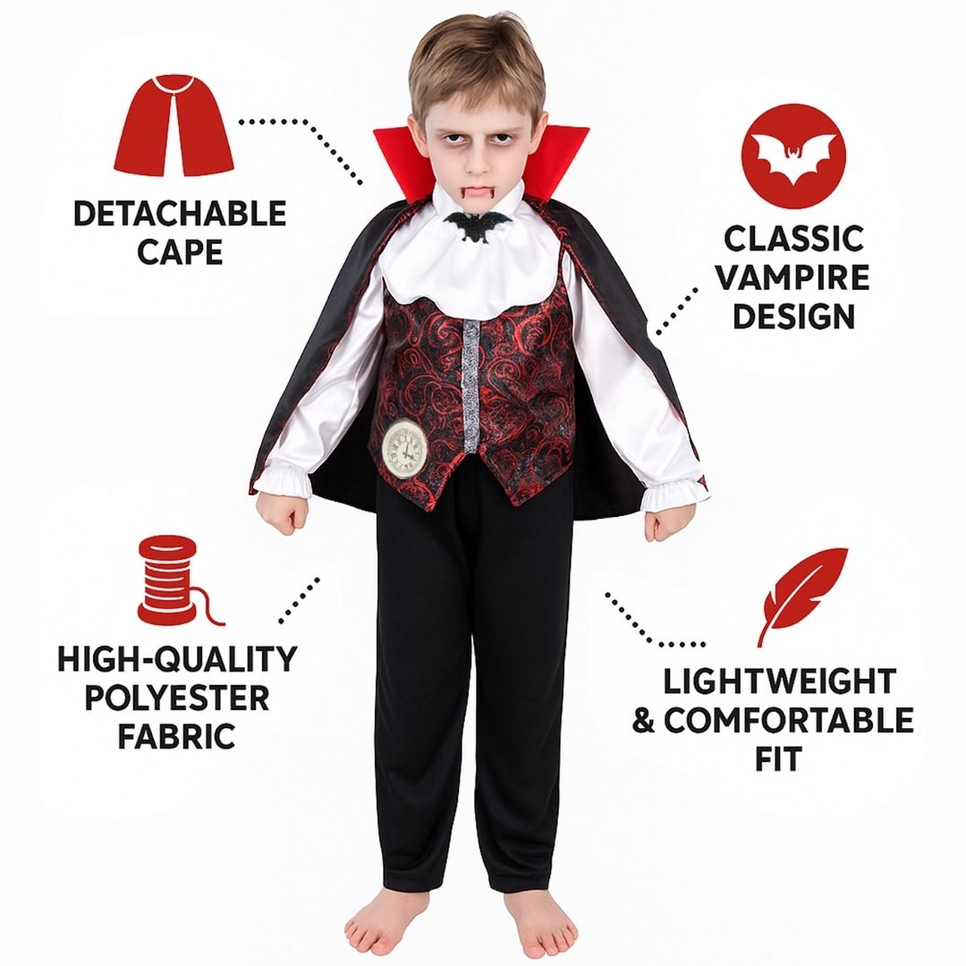 Vampire Costume with Neck Choker, Vest, Pants and Cape - Size S - Age 3 to 5 Years