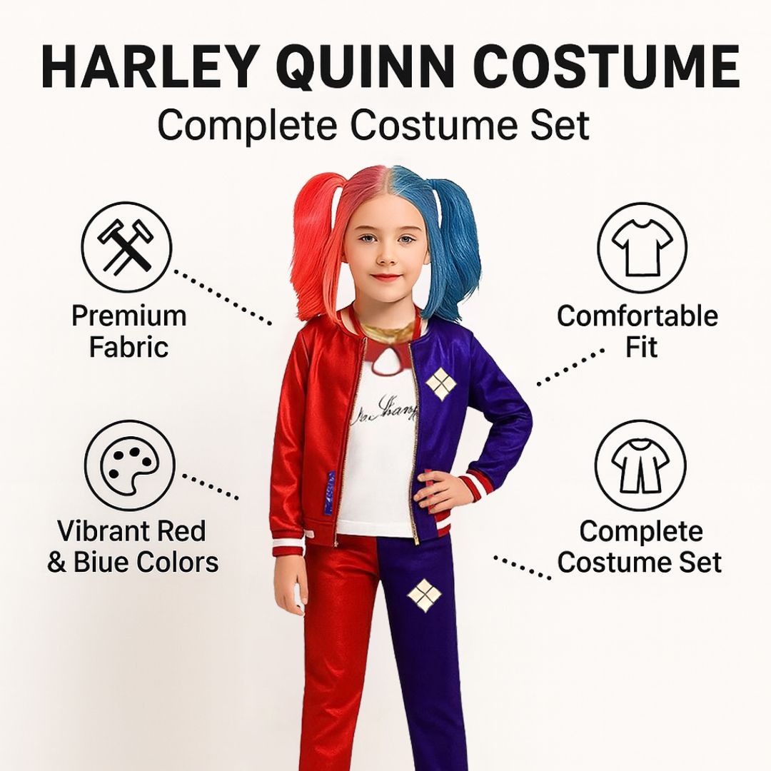 Harley Quinn Red & Blue Costume with Jacket, Pants and Sleeveless Tees