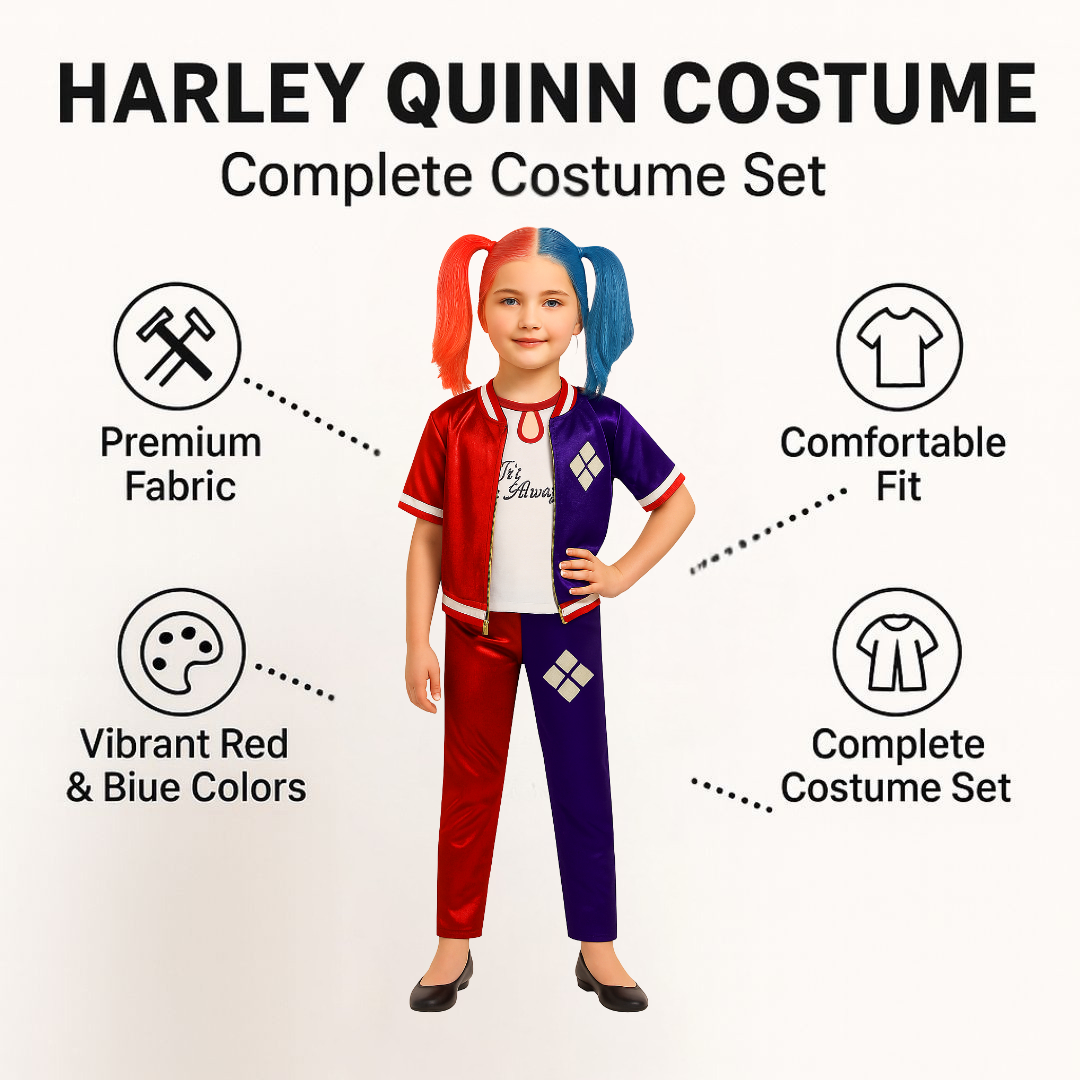 Harley Quinn Red & Blue Costume with Jacket, Pants and Sleevless Tees