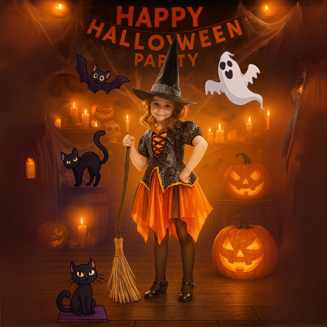 Witch Dress Black and Orange with Witch Hat