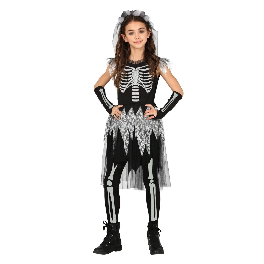Sassy Skeleton Jumpsuit Costume with Tutu and Floral Headband with White Veil