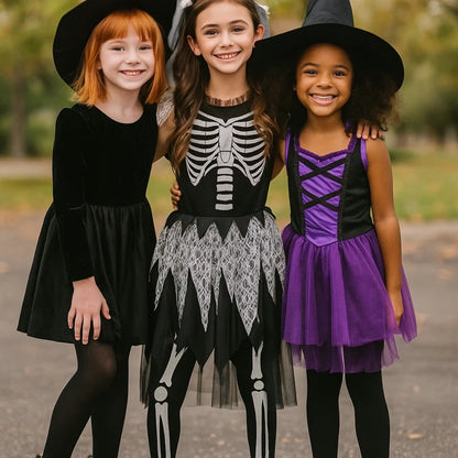 Sassy Skeleton Jumpsuit Costume with Tutu and Floral Headband with White Veil