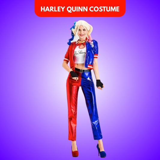 Harley Quinn Red & Blue Adult Costume with Jacket, Pants and Sleevless Tees