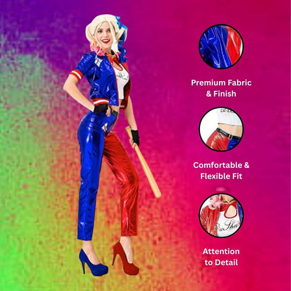 Harley Quinn Red & Blue Adult Costume with Jacket, Pants and Sleeveless Tees
