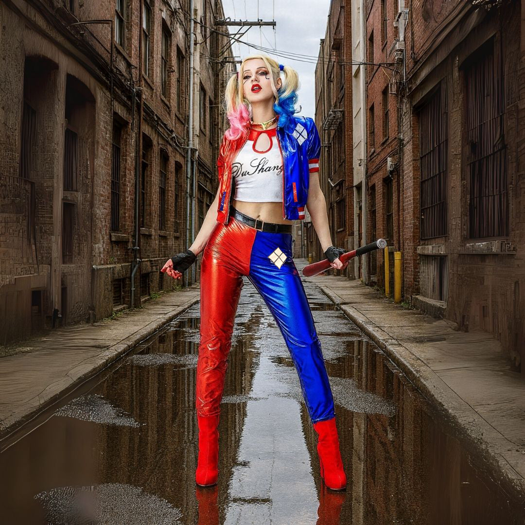 Harley Quinn Red & Blue Adult Costume with Jacket, Pants and Sleeveless Tees